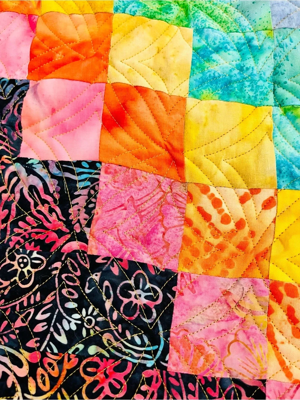 Handmade Multicolor Patchwork Quilt Bedspread - Vibrant Batik Rainbow Design